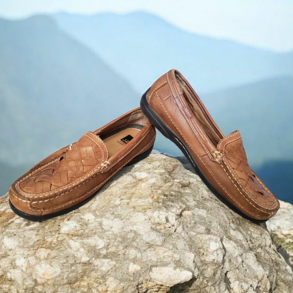 Johnston & Murphy J&M Men's 8.5 Brown Loafer Sheepskin Memory Foam Weaved Shoes